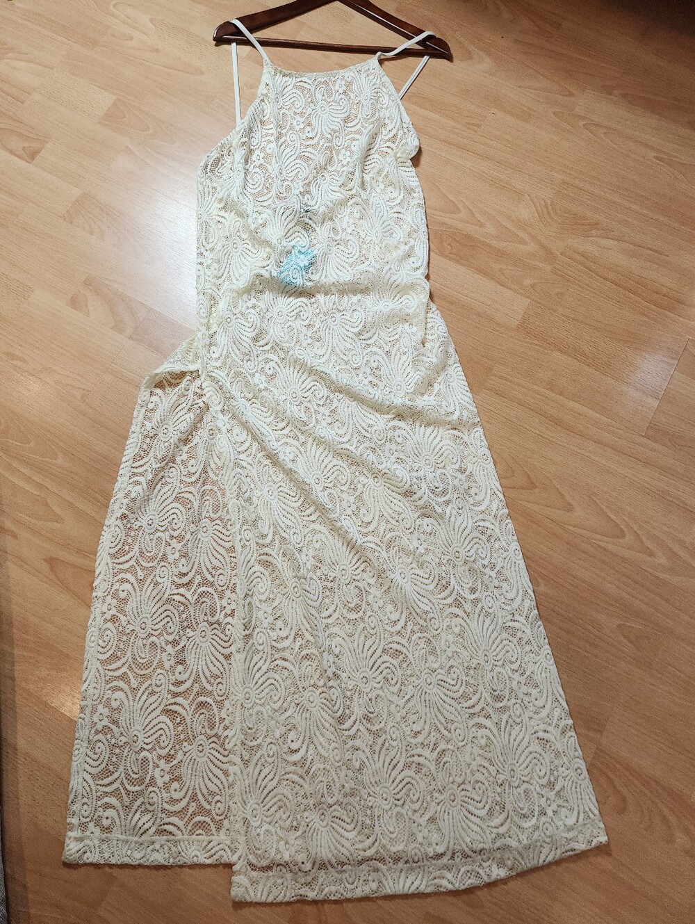 M/L NWT Beach Candy Stretch Lace Sleeveless Midi Maxi Dress Cream Ivory Resort